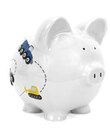 Personalized Construction Trucks White Piggy Bank-1 in stock