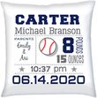 Birth Stats Pillow with Baseball Graphic