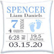 Personalized Birth Stats Pillow with Blue Footprint Graphic