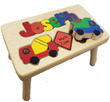 Personalized Construction Trucks Puzzle Name Stool in Natural Wood